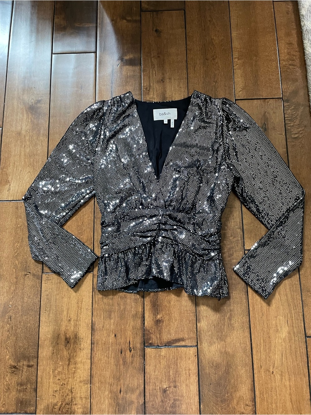 Ba&sh Shiny Black Top With Plunge Neckline Size S
